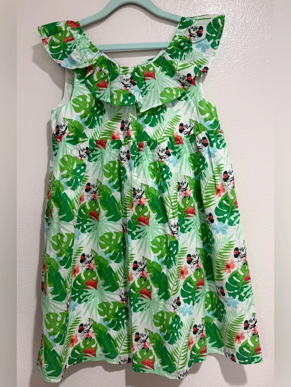 Disney Girls Green Tropical Leaf & Minnie Print Ruffle Dress